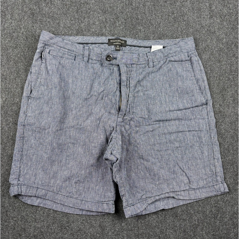 Banana Republic Mens 36 Blue White Pinstripe Linen Blend Shorts Summer Casual